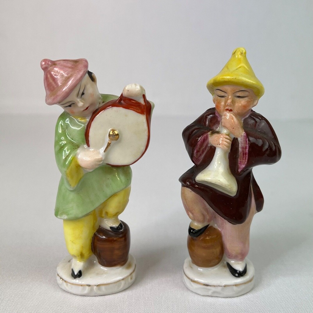 Set Of 2 Vtg Porcelain Occupied In Japan Man Holding Drum and Horn